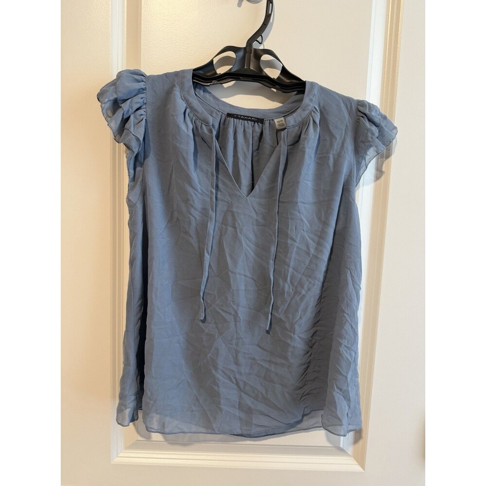 NWT T Tahari Blouse XS Mid Steel Blue Ruffle Flutter Sleeve Tie Neck Top